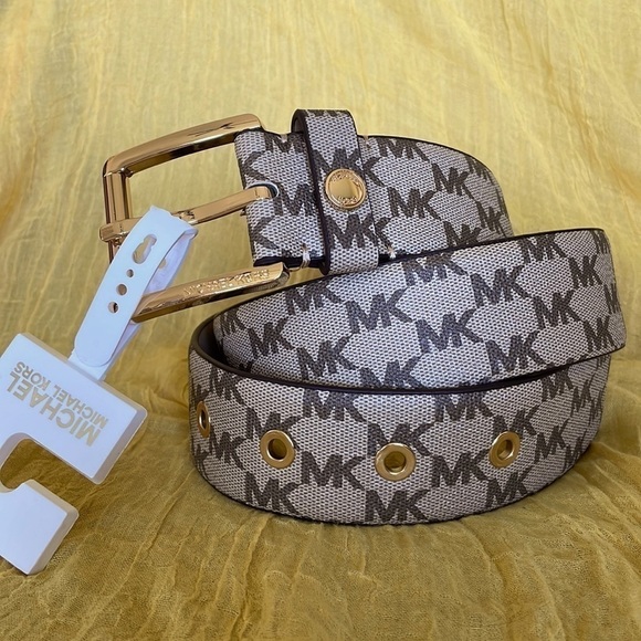Brand New Michael Kors Tan & Brown Logo Belt w/ Gold Tone Buckle, Accent & Holes - Picture 1 of 15